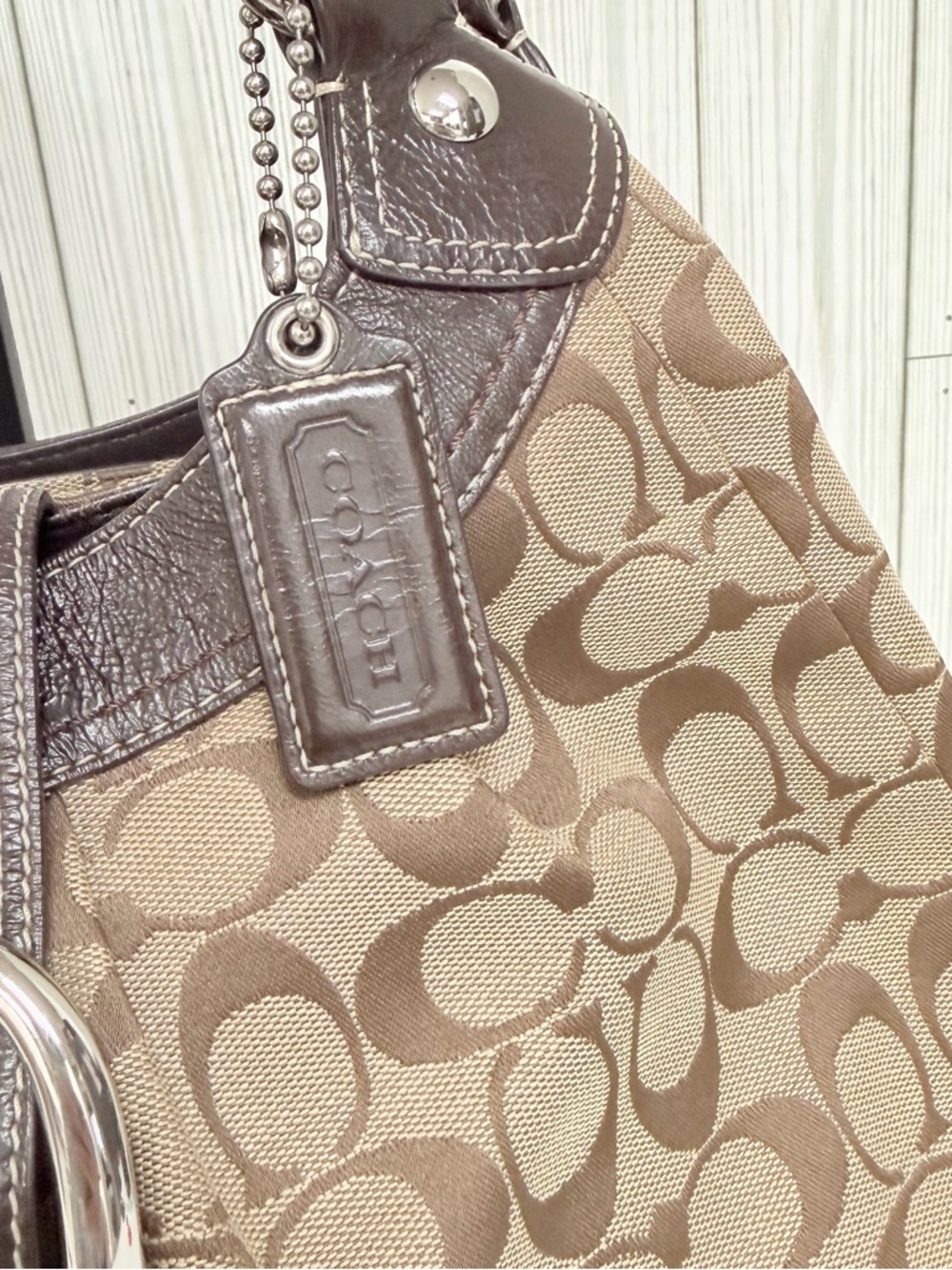 Coach Brown Signature Shoulder Bag with Dark Brown Leather Trim - Picture 4 of 16